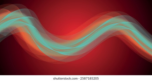 Abstract Colorful Wave Design With Red Background in Vibrant Gradient Tones. Vivid digital abstract art featuring a dynamic wave-like pattern with bright orange and turquoise hues on a bold red