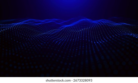 Uma onda colorida abstrata de pontos brilhantes que cria a ilusão de ondas em movimento sobre um fundo escuro. A visualização se assemelha a uma onda vetorial 3D dinâmica que combina tecnologia, arte do futuro