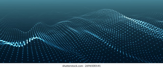 An abstract colorful wave of glowing dots that creates the illusion of moving waves on a light background. The visualization resembles a dynamic vector 3D wave that combines technology, art of the fut
