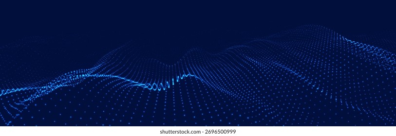 An abstract colorful wave of glowing dots that creates the illusion of moving waves on a dark background. The visualization resembles a dynamic vector 3D wave that combines technology, art of the futu