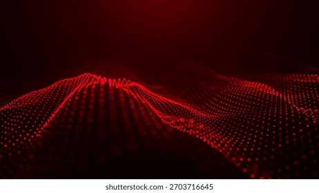 Una onda colorida abstracta de puntos brillantes que crea la ilusión de ondas en movimiento sobre un fondo oscuro. La visualización se asemeja a una dinámica onda 3D de Vector que combina tecnología, arte del futu