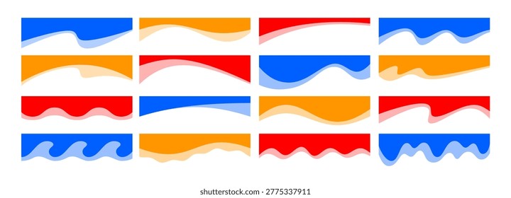 Abstract colorful wave headers. Modern fluid shape website backgrounds, flat vector liquid curve borders, wavy dividers and overlapping graphic elements