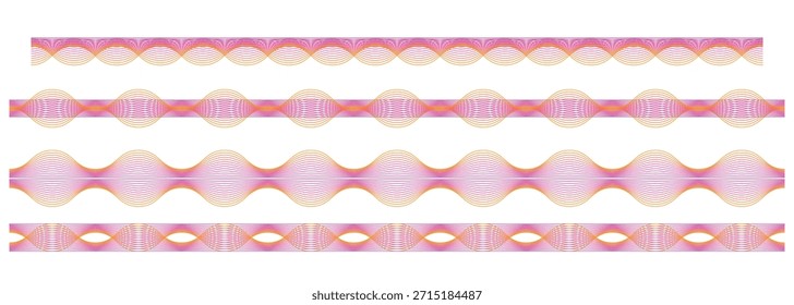 Conjunto de bordes de línea de onda colorida Abstractas Vector EPS, ondas de sonido de degradado naranja rosa decorativo, Colección de rayas de cinta lineal moderna, Elementos de patrón fluidos elegantes en blanco