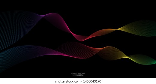 Abstract colorful wave lines flowing isolated on black background for vector design elements in concept of sound, music, technology, science.