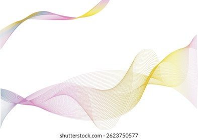 Abstract colorful wave lines on white background. Smooth flowing gradient curves in kobi, energy yellow, lilac and melrose tones. Modern digital art for backgrounds, presentations, and designs.