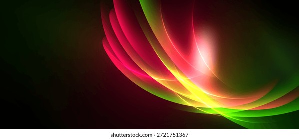 As ondas coloridas abstratas se misturam, criando efeitos de luz dinâmicos. Gradientes vívidos fazem a transição do verde para o vermelho, iluminando a escuridão.