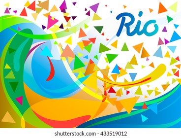 Abstract colorful waves destroyed. Confetti background and lettering Rio.