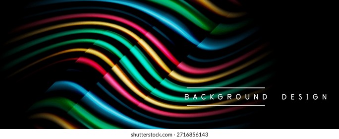 Ondas coloridas abstratas fluem através do fundo preto. As linhas dinâmicas criam um efeito visual moderno. Gradientes brilhantes sugerem movimento, energia.