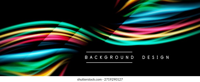 Abstractas olas de colores fluyen a través del fondo negro. Los Elementos de diseño modernos crean un impacto visual dinámico. Etiquetas de texto simples en la parte inferior central.