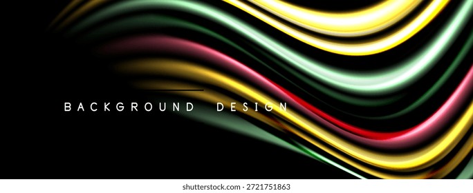 Abstrakte, farbenfrohe Wellen durchziehen den schwarzen Raum. Dynamische Linien schaffen modernes Hintergrunddesign, lebendige Farbtöne präsent.