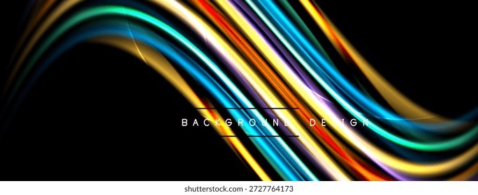 Abstract colorful waves flow across black background. Bright lines create dynamic, modern visual effect. Smooth curves suggest movement.