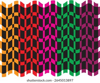 Abstract colorful wavy checkered pattern with vibrant hues and dynamic curves.