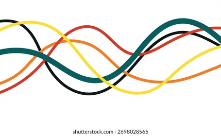 Linhas onduladas coloridas abstratas criam um padrão dinâmico e fluente em um plano de fundo branco.