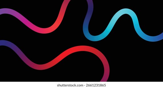 Linhas onduladas coloridas abstratas sobre fundo preto. Um design abstrato vibrante com uma série de linhas onduladas coloridas e fluentes contra um fundo preto sólido.