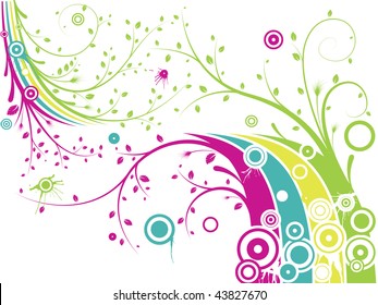 abstract colorful wavy lines that stretch from the patterned branch plants with foliage, there are many circles of some trickles blots