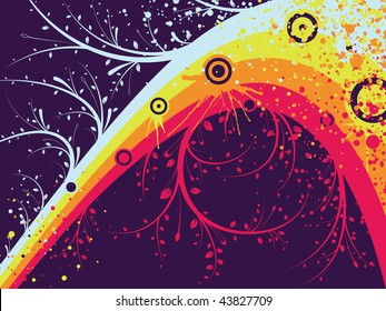 abstract colorful wavy lines that stretch from the patterned branch plants with foliage, there are many circles of some trickles blots