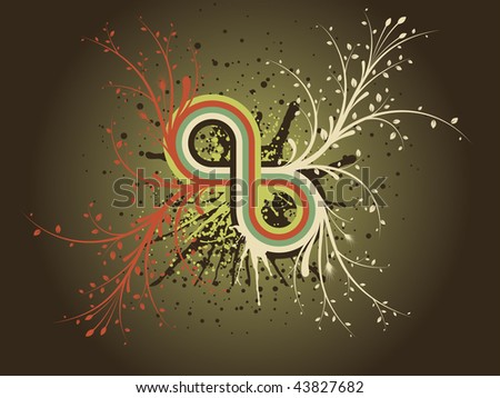 abstract colorful wavy lines that stretch from the patterned branch plants with foliage, there are many circles of some trickles blots