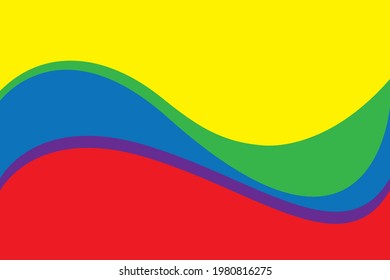 Abstract colorful wavy shape background with primary colors are blue, red, yellow. Secondary colors are purple, green. Vector illustration.