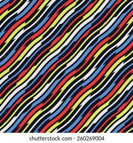 Abstract colorful wavy striped textured background in diagonal direction. Seamless pattern. Vector.