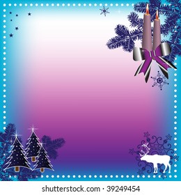 Abstract colorful winter frame with small stars, candles, colored bow, snowflakes, reindeer silhouette and small fir trees