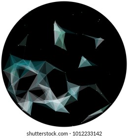 Abstract colorful wireframe structure forming a geometric pattern on a round black background. Network connection between dots and lines. Vector illustration of a complex plexus effect