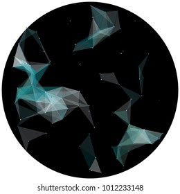 Abstract colorful wireframe structure forming a geometric pattern on a round black background. Network connection between dots and lines. Vector illustration of a complex plexus effect