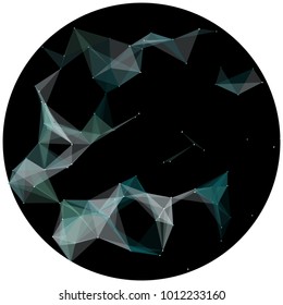 Abstract colorful wireframe structure forming a geometric pattern on a round black background. Network connection between dots and lines. Vector illustration of a complex plexus effect