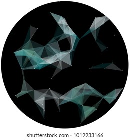 Abstract colorful wireframe structure forming a geometric pattern on a round black background. Network connection between dots and lines. Vector illustration of a complex plexus effect