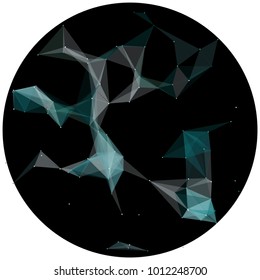 Abstract colorful wireframe structure forming a geometric pattern on a round black background. Network connection between dots and lines. Vector illustration of a complex plexus effect