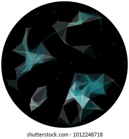 Abstract colorful wireframe structure forming a geometric pattern on a round black background. Network connection between dots and lines. Vector illustration of a complex plexus effect