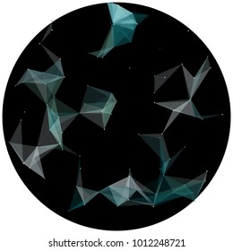 Abstract colorful wireframe structure forming a geometric pattern on a round black background. Network connection between dots and lines. Vector illustration of a complex plexus effect