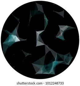 Abstract colorful wireframe structure forming a geometric pattern on a round black background. Network connection between dots and lines. Vector illustration of a complex plexus effect