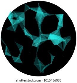 Abstract colorful wireframe structure forming a geometric pattern on a round black background. Network connection between dots and lines. Vector illustration of a complex plexus effect