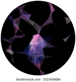 Abstract colorful wireframe structure forming a geometric pattern on a round black background. Network connection between dots and lines. Vector illustration of a complex plexus effect