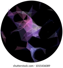 Abstract colorful wireframe structure forming a geometric pattern on a round black background. Network connection between dots and lines. Vector illustration of a complex plexus effect