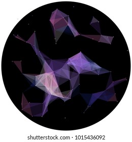 Abstract colorful wireframe structure forming a geometric pattern on a round black background. Network connection between dots and lines. Vector illustration of a complex plexus effect