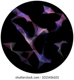 Abstract colorful wireframe structure forming a geometric pattern on a round black background. Network connection between dots and lines. Vector illustration of a complex plexus effect