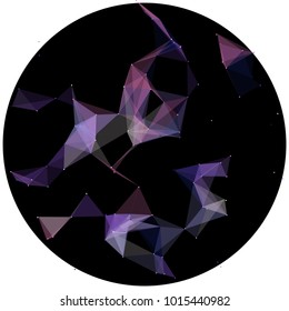 Abstract colorful wireframe structure forming a geometric pattern on a round black background. Network connection between dots and lines. Vector illustration of a complex plexus effect