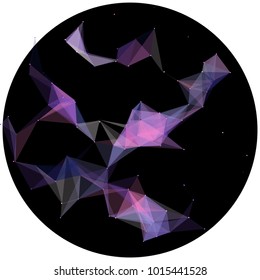 Abstract colorful wireframe structure forming a geometric pattern on a round black background. Network connection between dots and lines. Vector illustration of a complex plexus effect