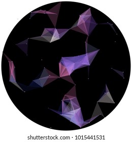 Abstract colorful wireframe structure forming a geometric pattern on a round black background. Network connection between dots and lines. Vector illustration of a complex plexus effect