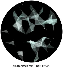 Abstract colorful wireframe structure forming a geometric pattern on a round black background. Network connection between dots and lines. Vector illustration of a complex plexus effect