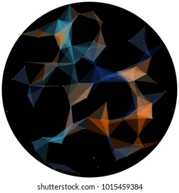 Abstract colorful wireframe structure forming a geometric pattern on a round black background. Network connection between dots and lines. Vector illustration of a complex plexus effect