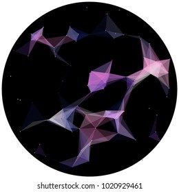Abstract colorful wireframe structure forming a geometric pattern on a round black background. Network connection between dots and lines. Vector illustration of a complex plexus effect
