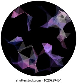 Abstract colorful wireframe structure forming a geometric pattern on a round black background. Network connection between dots and lines. Vector illustration of a complex plexus effect