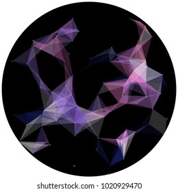 Abstract colorful wireframe structure forming a geometric pattern on a round black background. Network connection between dots and lines. Vector illustration of a complex plexus effect