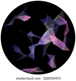 Abstract colorful wireframe structure forming a geometric pattern on a round black background. Network connection between dots and lines. Vector illustration of a complex plexus effect
