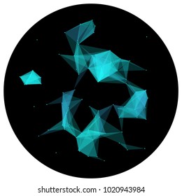 Abstract colorful wireframe structure forming a geometric pattern on a round black background. Network connection between dots and lines. Vector illustration of a complex plexus effect