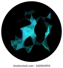 Abstract colorful wireframe structure forming a geometric pattern on a round black background. Network connection between dots and lines. Vector illustration of a complex plexus effect