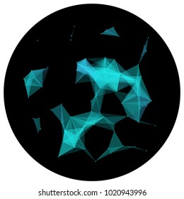 Abstract colorful wireframe structure forming a geometric pattern on a round black background. Network connection between dots and lines. Vector illustration of a complex plexus effect