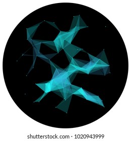 Abstract colorful wireframe structure forming a geometric pattern on a round black background. Network connection between dots and lines. Vector illustration of a complex plexus effect